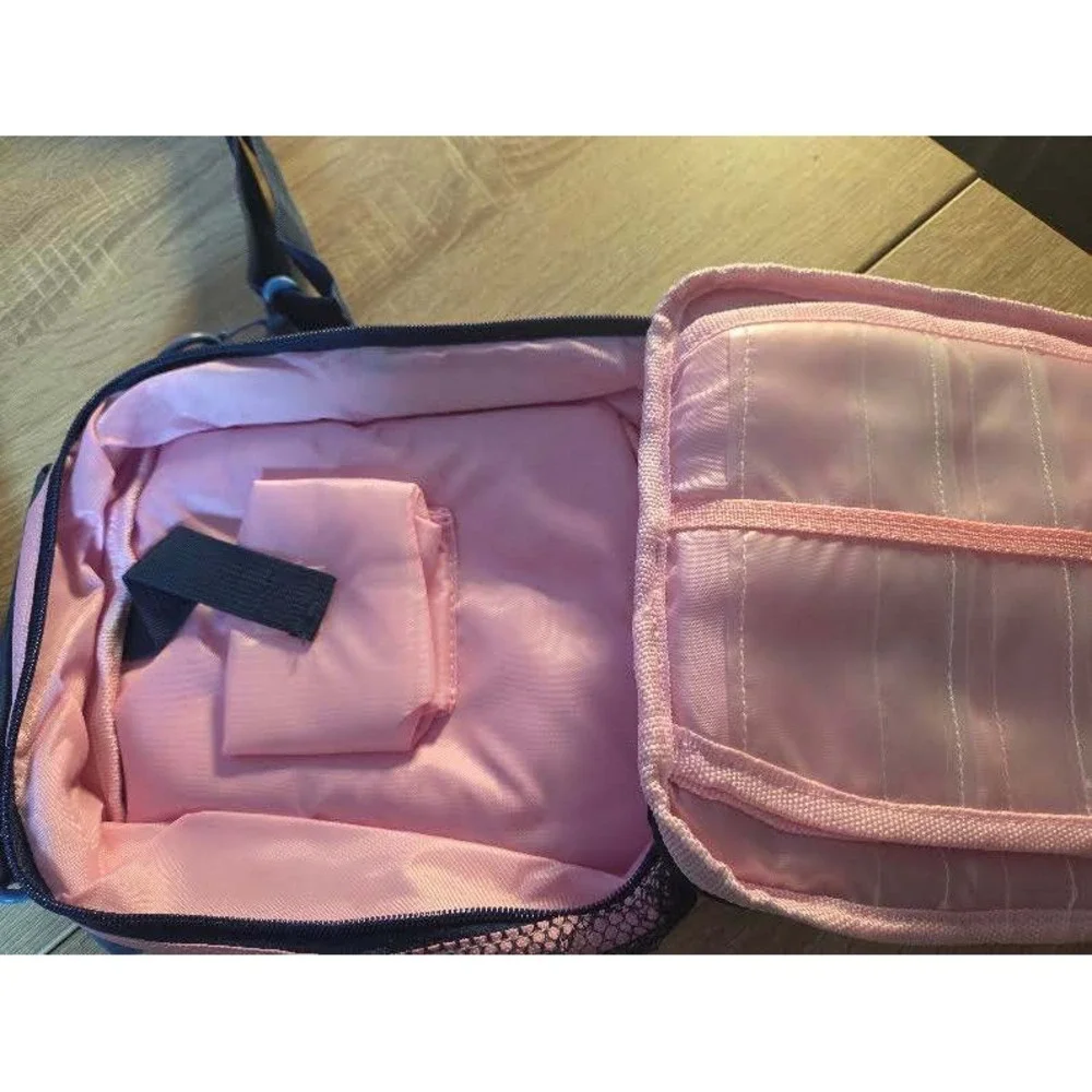 Pink Canvas Travel Organizer Bag Shoulder Strap Multi Pocket Utility Case